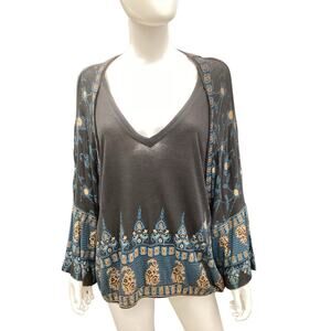 Free People Women’s Top Size M Long Sleeve Relaxed Fit Black Blue Gold